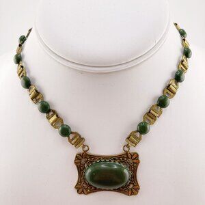 ANTIQUE Olive green plastic, brass filigre and ornate book chain choker necklace